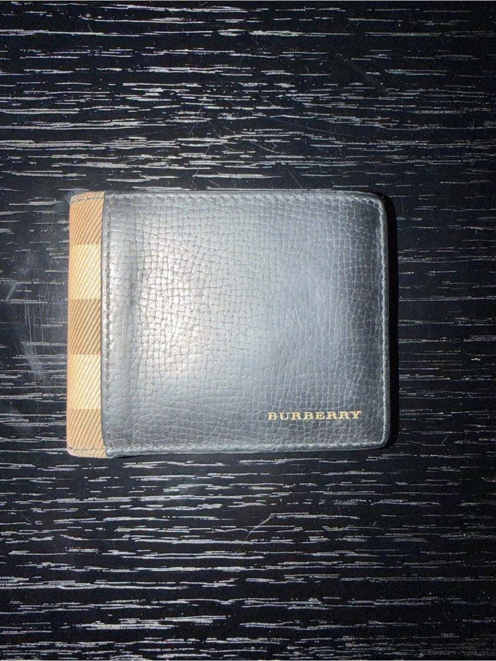 Burberry Black Leather Bifold Wallet with Beige Check Accent